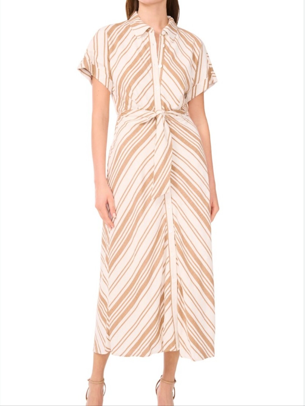 Halogen Linen blend Striped lined maxi dress Tie Front Button Front L